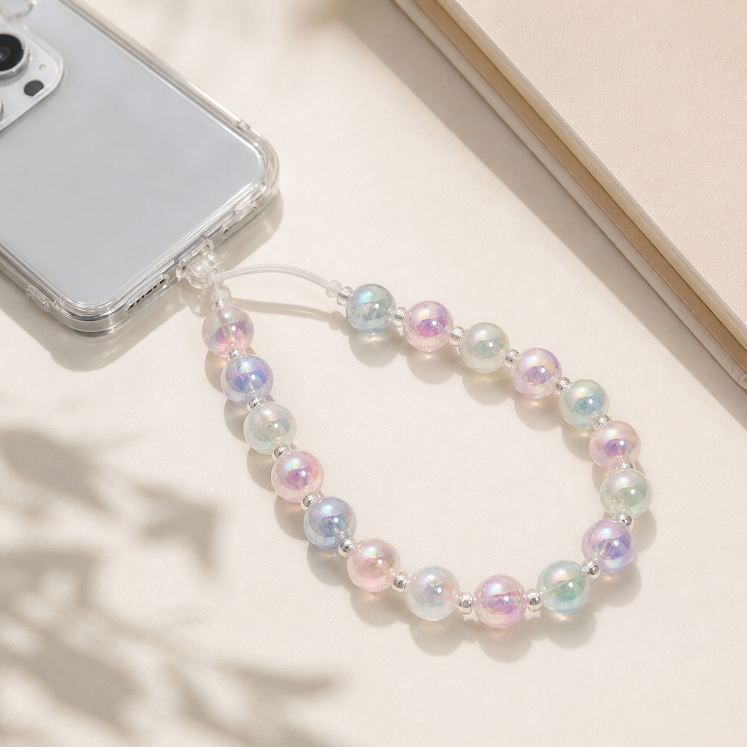 Glow-in-the-Dark Iridescent Acrylic Round Beads for DIY Jewelry, 8–16 mm - finished phone strap example