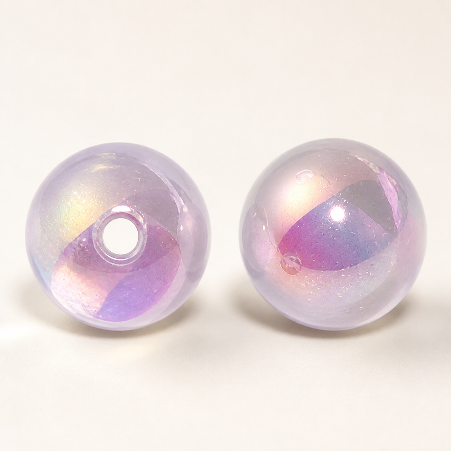 Glow-in-the-Dark Iridescent Acrylic Round Beads for DIY Jewelry, 8–16 mm - through-hole and profile detail