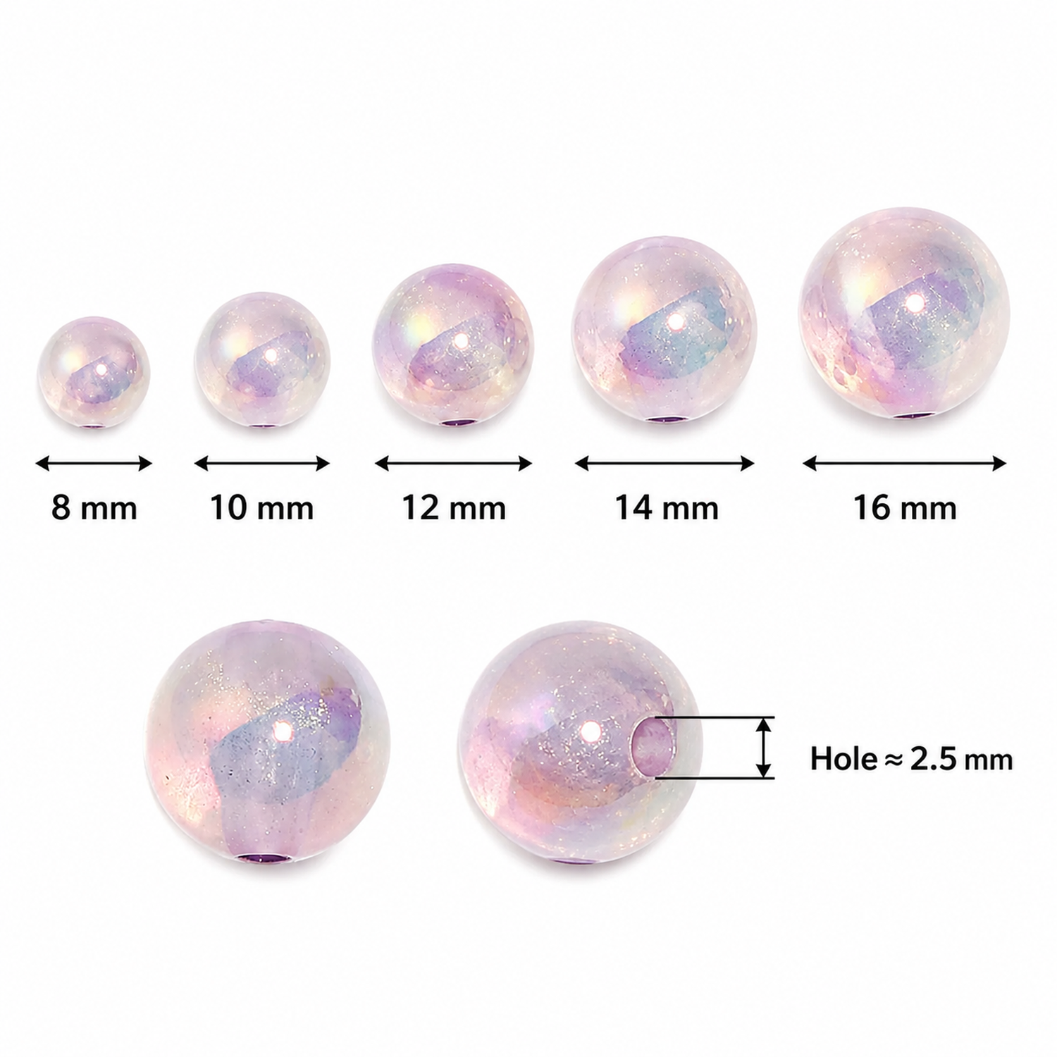 Glow-in-the-Dark Iridescent Acrylic Round Beads for DIY Jewelry, 8–16 mm - size guide