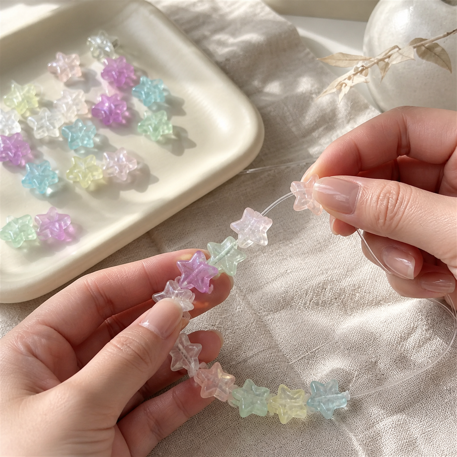Iridescent Glow Acrylic Star Beads for DIY Phone Straps and Craft Projects, 11 mm - DIY threading scene