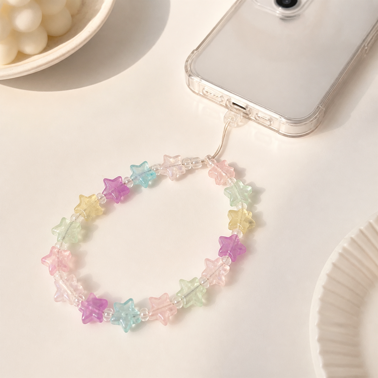 Iridescent Glow Acrylic Star Beads for DIY Phone Straps and Craft Projects, 11 mm - finished phone strap example