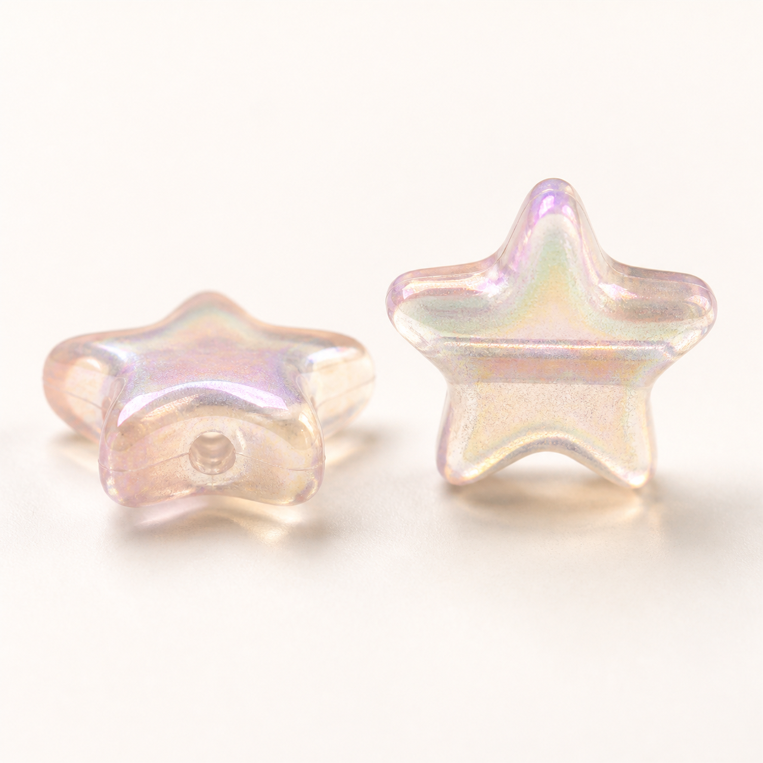 Iridescent Glow Acrylic Star Beads for DIY Phone Straps and Craft Projects, 11 mm - through-hole and profile detail