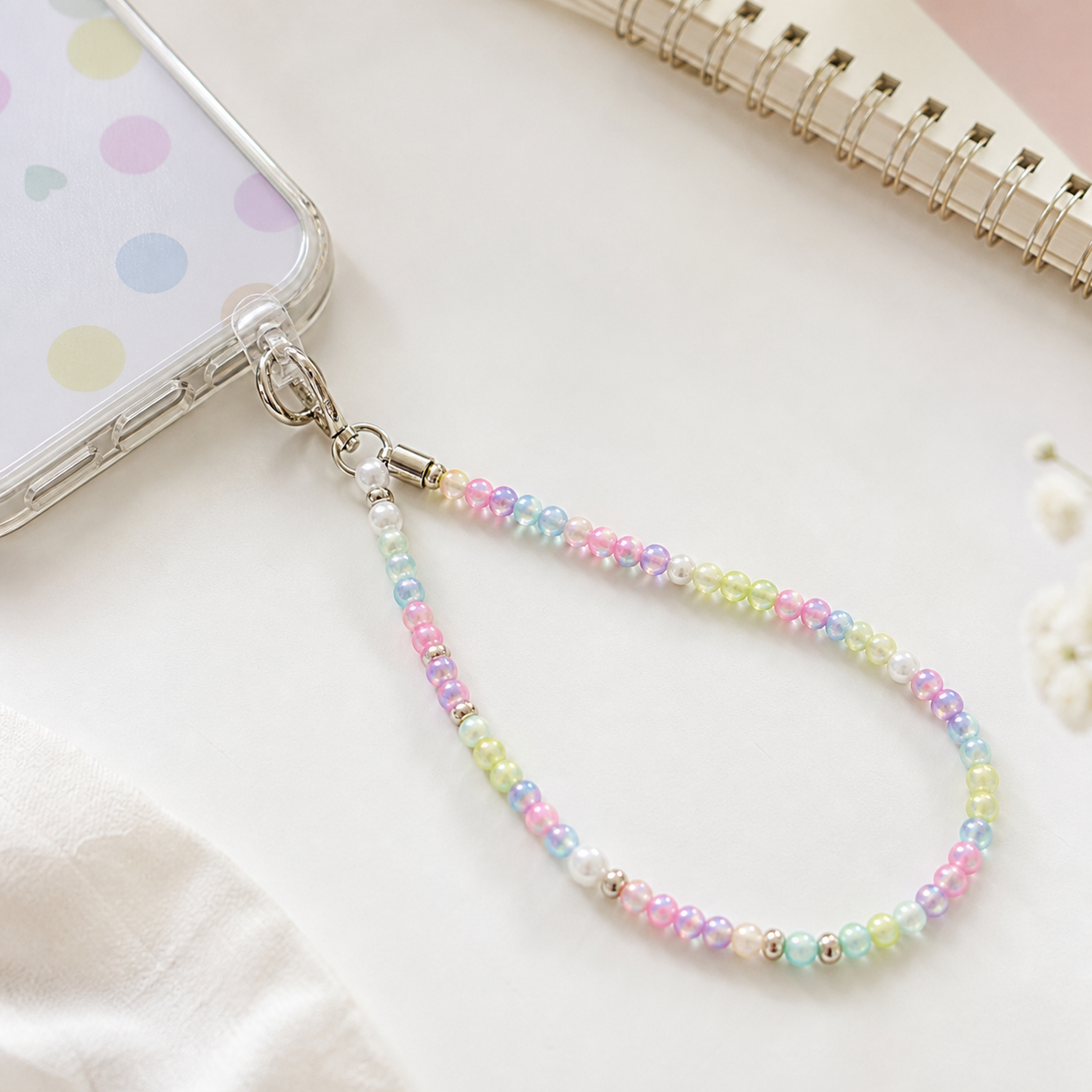 4 mm Glow Acrylic Round Beads in Macaron Colors for DIY Jewelry - finished phone strap example
