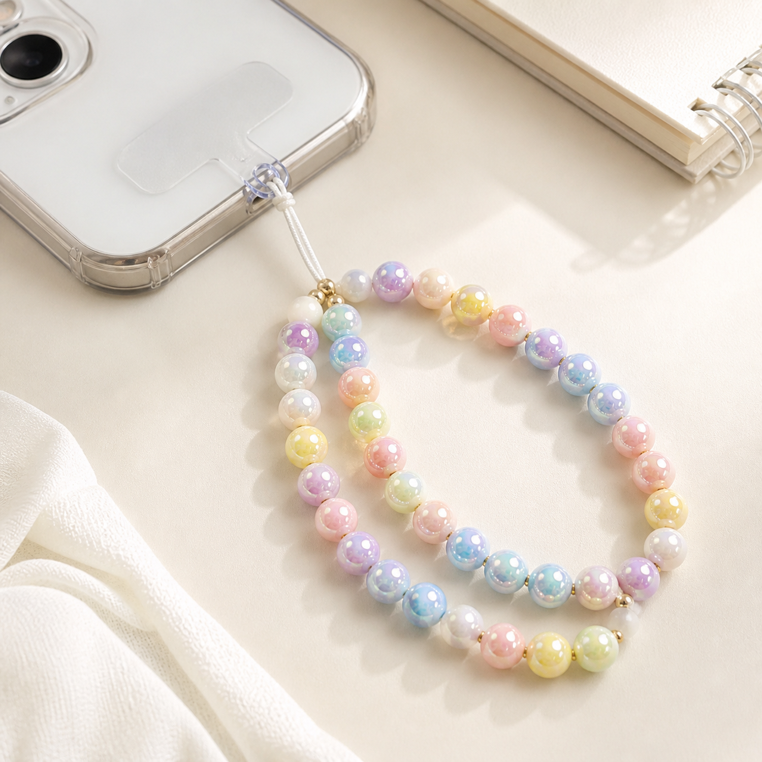 UV Iridescent Cream Acrylic Round Beads for DIY Jewelry, 8–12 mm - finished phone strap example