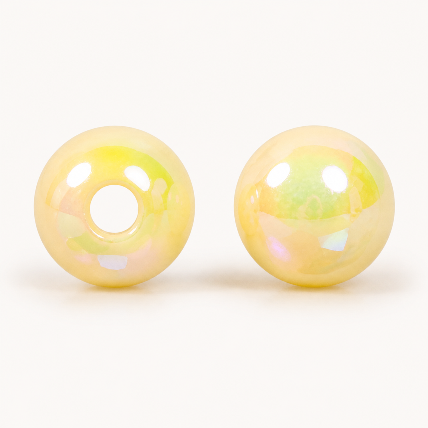 UV Iridescent Cream Acrylic Round Beads for DIY Jewelry, 8–12 mm - through-hole and profile detail