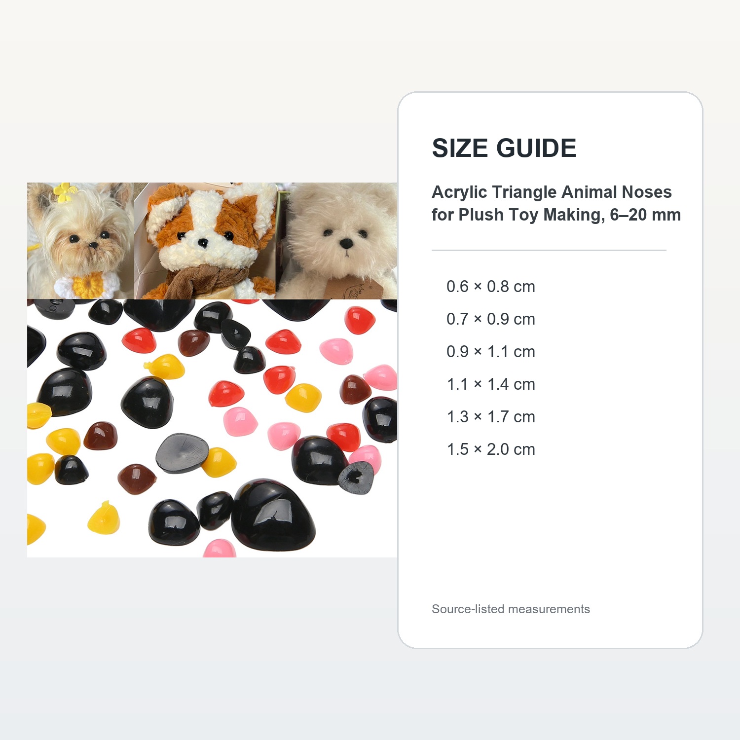 Acrylic Triangle Animal Noses for Plush Toy Making, 6–20 mm — verified size guide