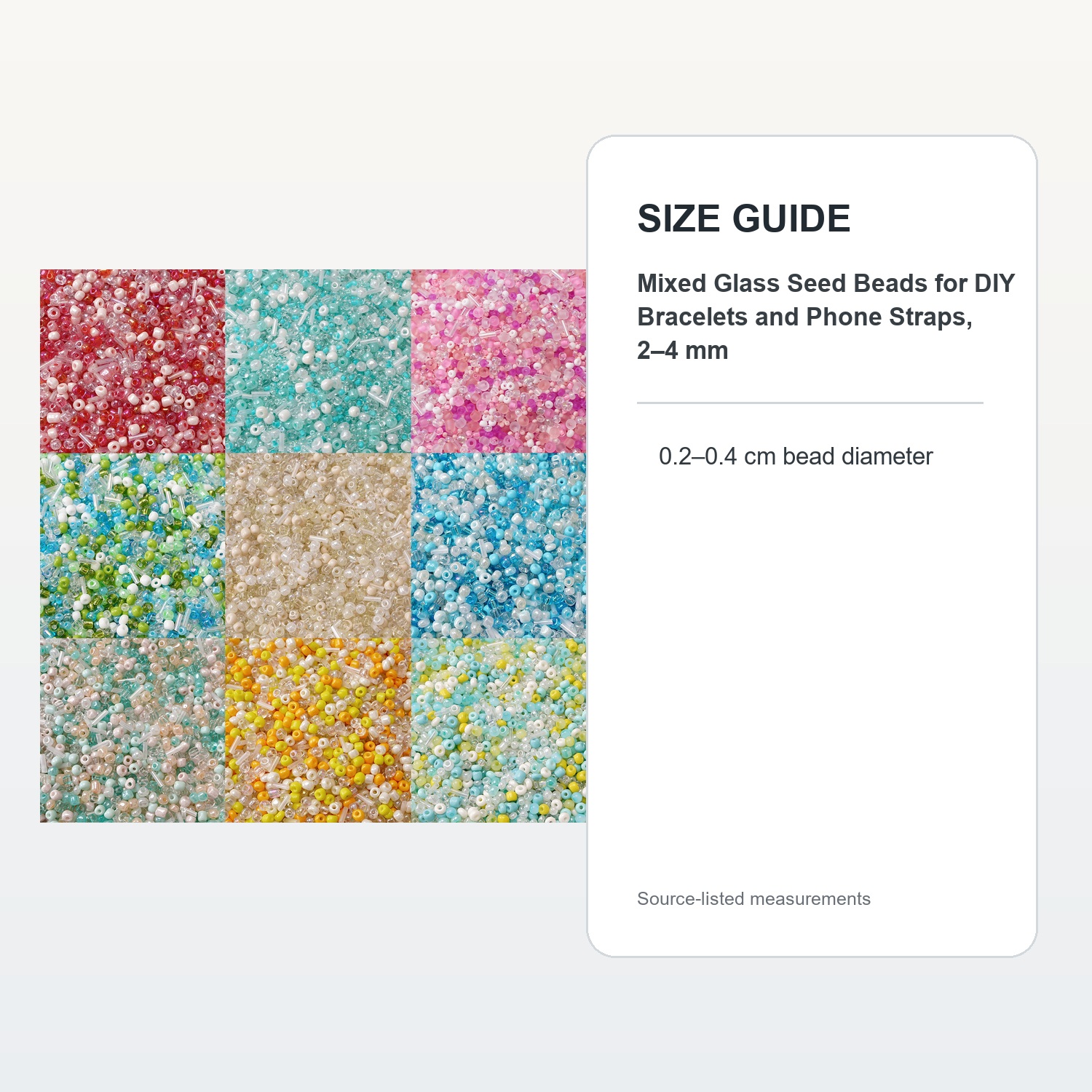 Mixed Glass Seed Beads for DIY Bracelets and Phone Straps, 2–4 mm — verified size guide