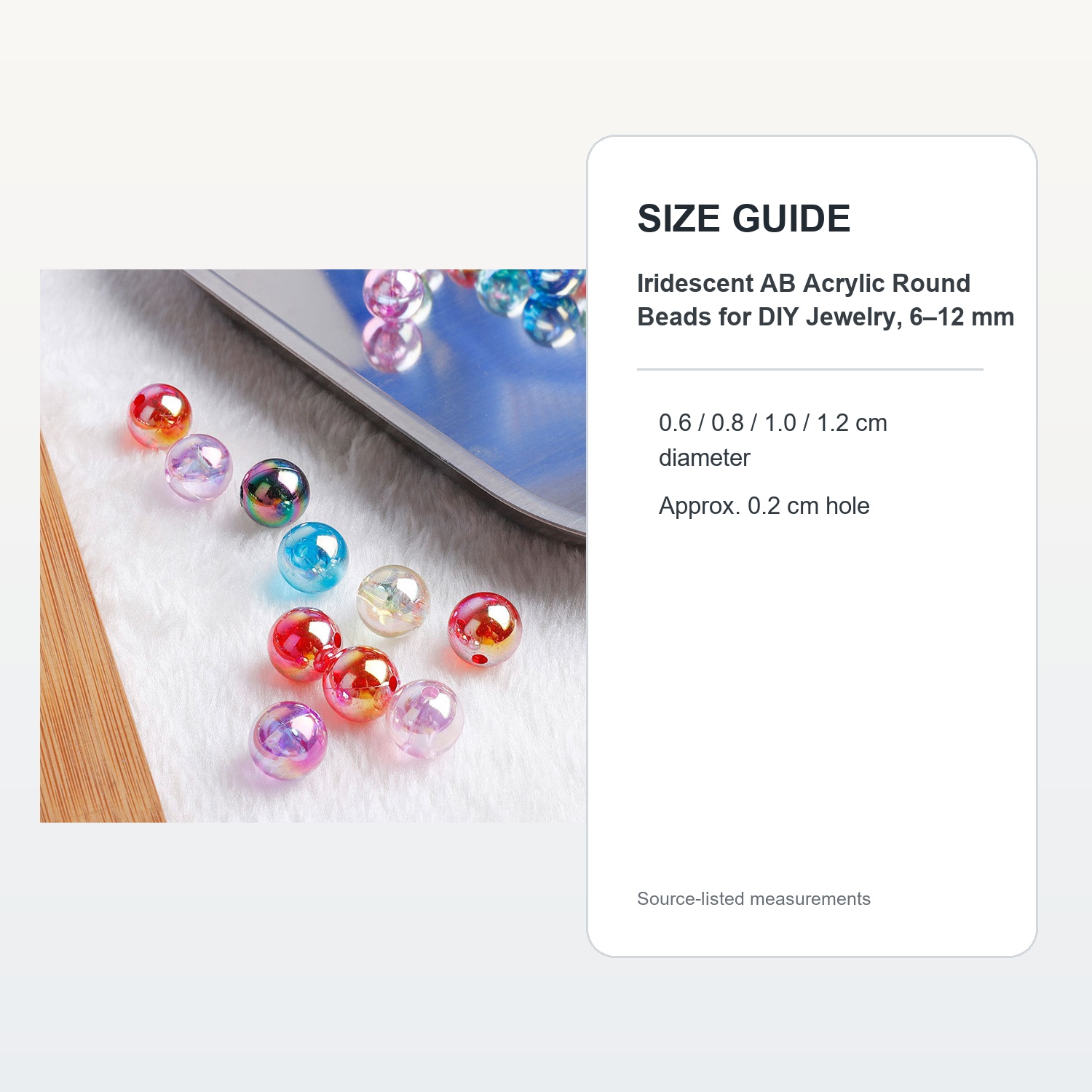 Iridescent AB Acrylic Round Beads for DIY Jewelry, 6–12 mm — verified size guide