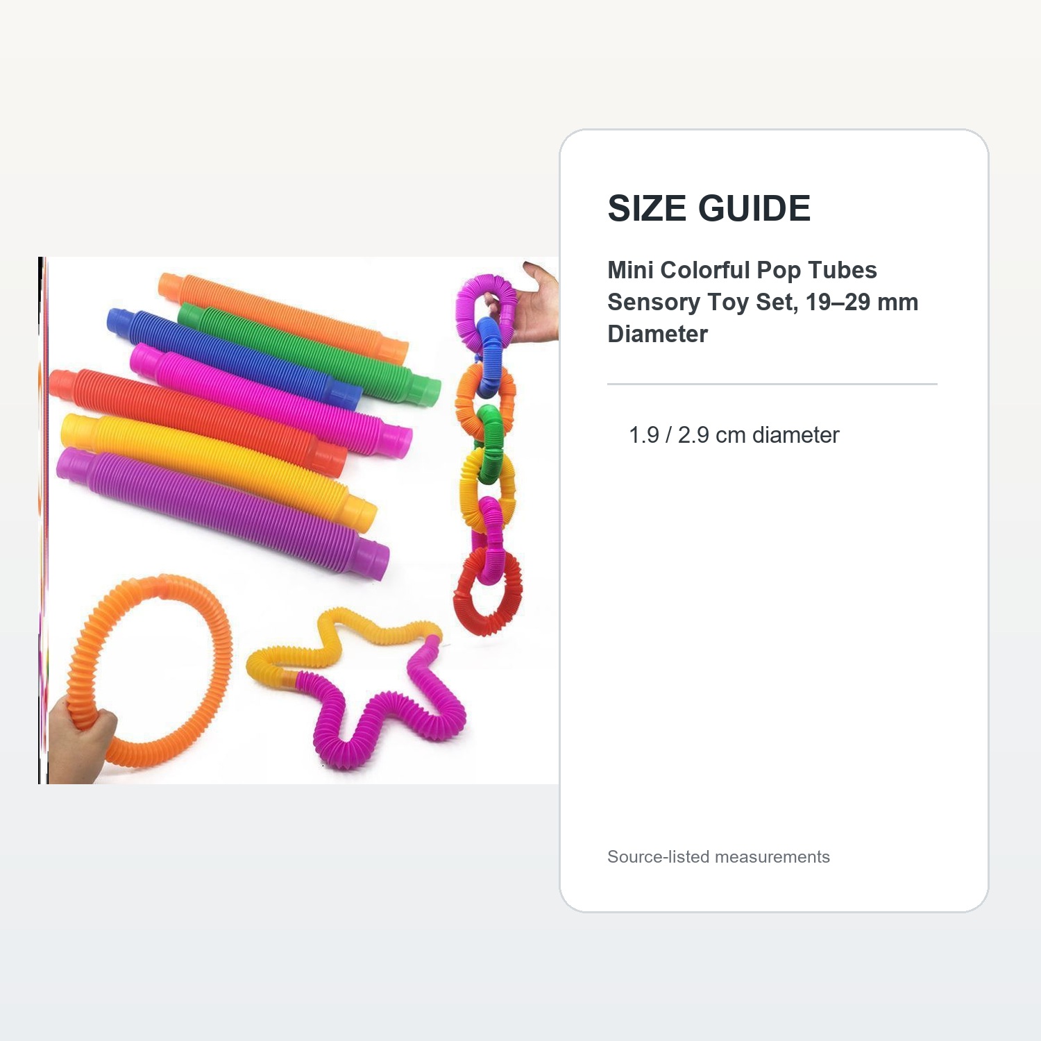 Mini Colorful Pop Tubes Sensory Toy Set, 19–29 mm Diameter — verified size guide