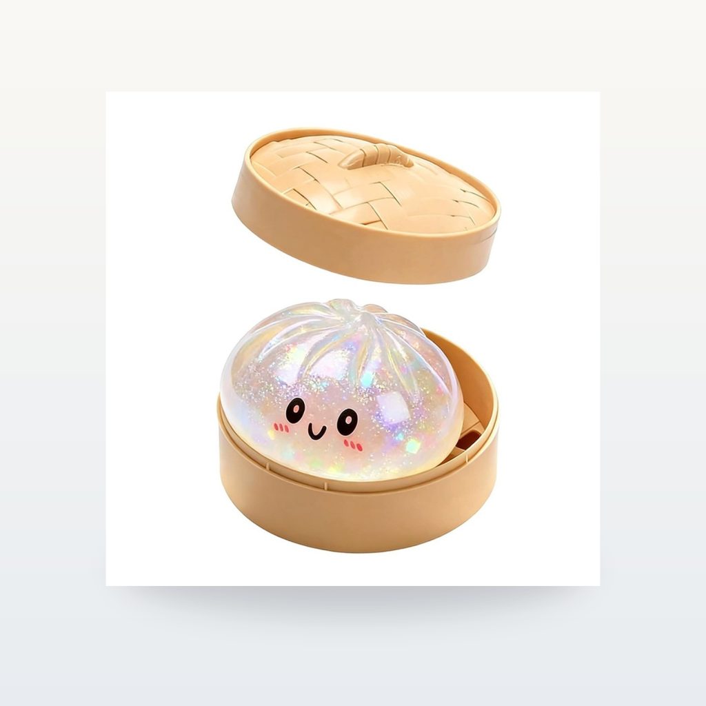 Dumpling Squishy Toy in Bamboo Basket, 8.5 cm — product overview