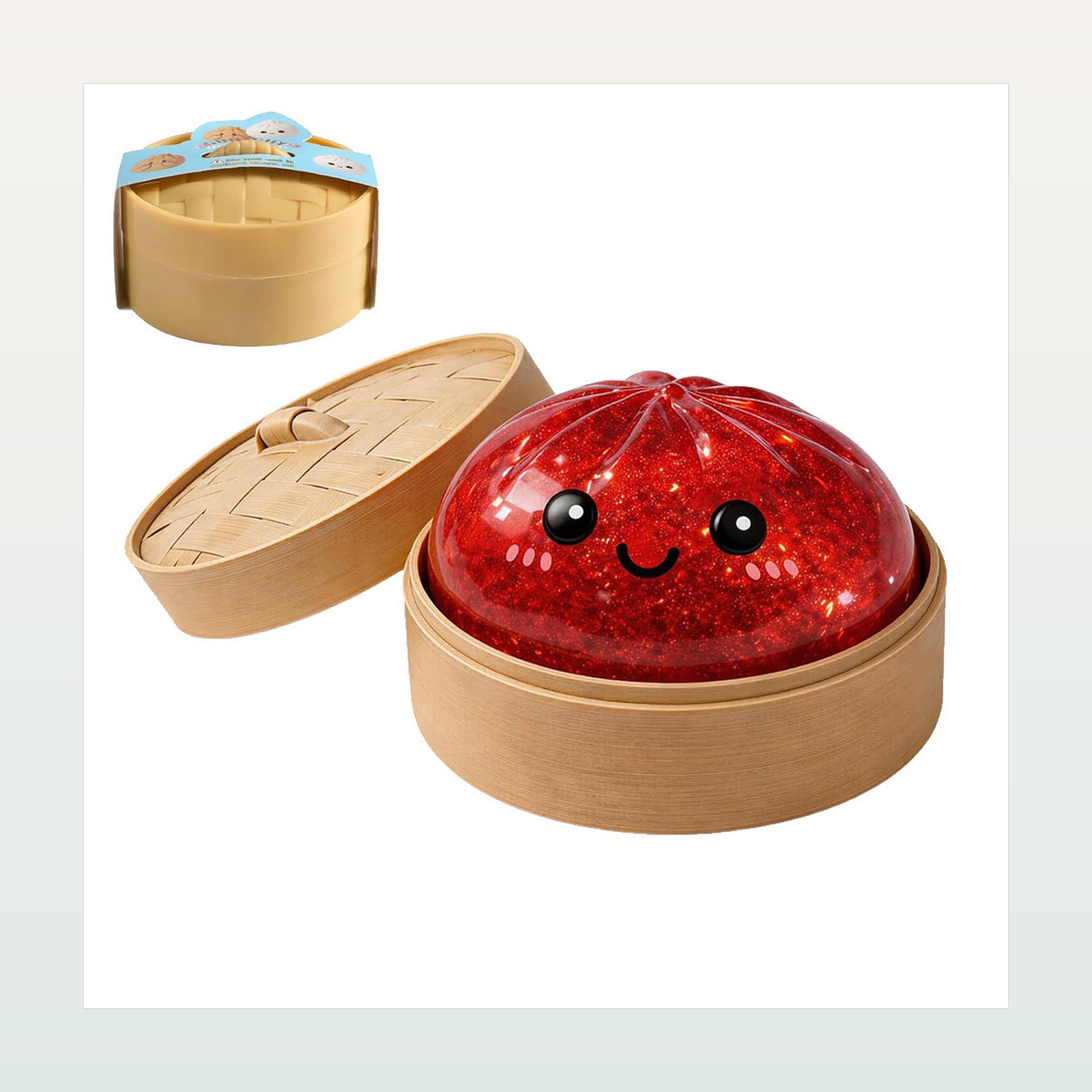 Dumpling Squishy Toy in Bamboo Basket, 8.5 cm — product application view one