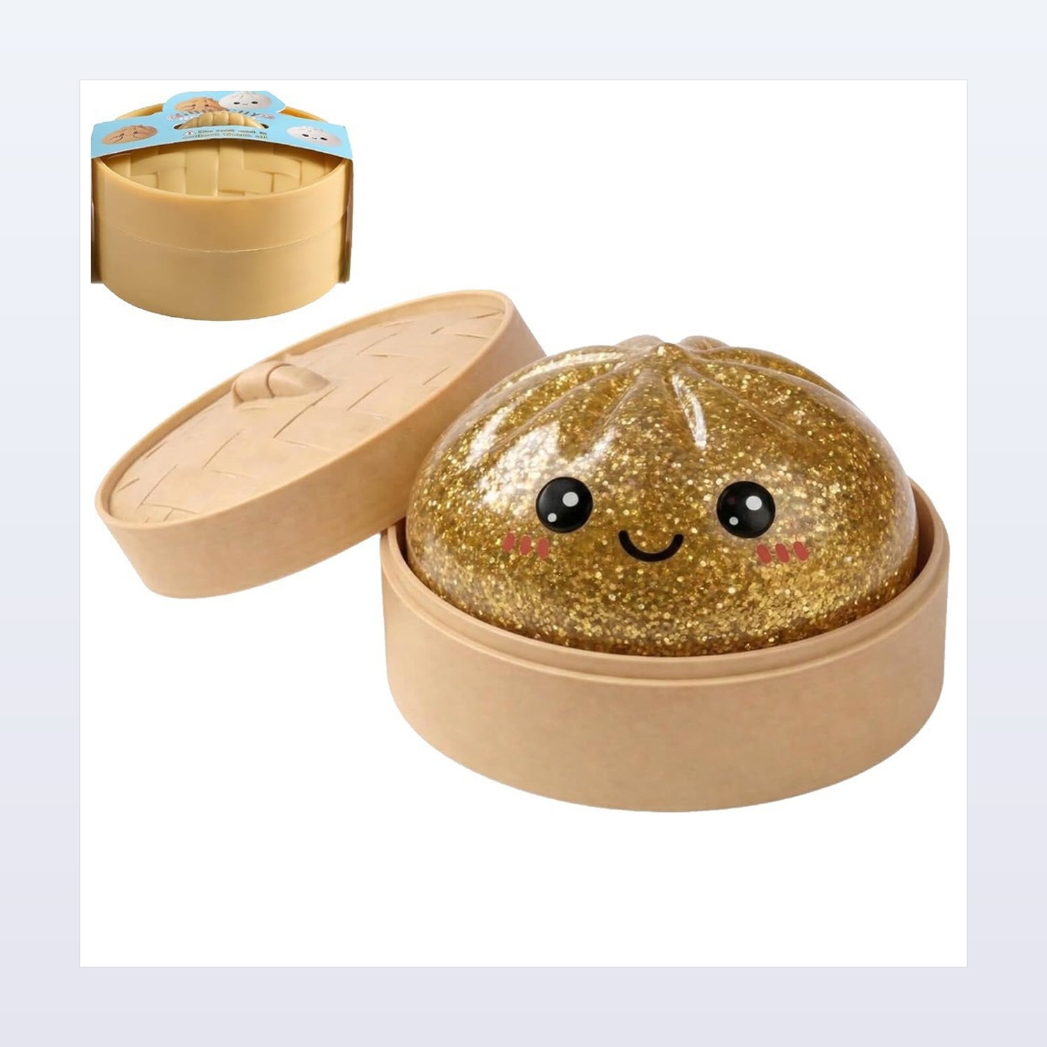 Dumpling Squishy Toy in Bamboo Basket, 8.5 cm — product application view two