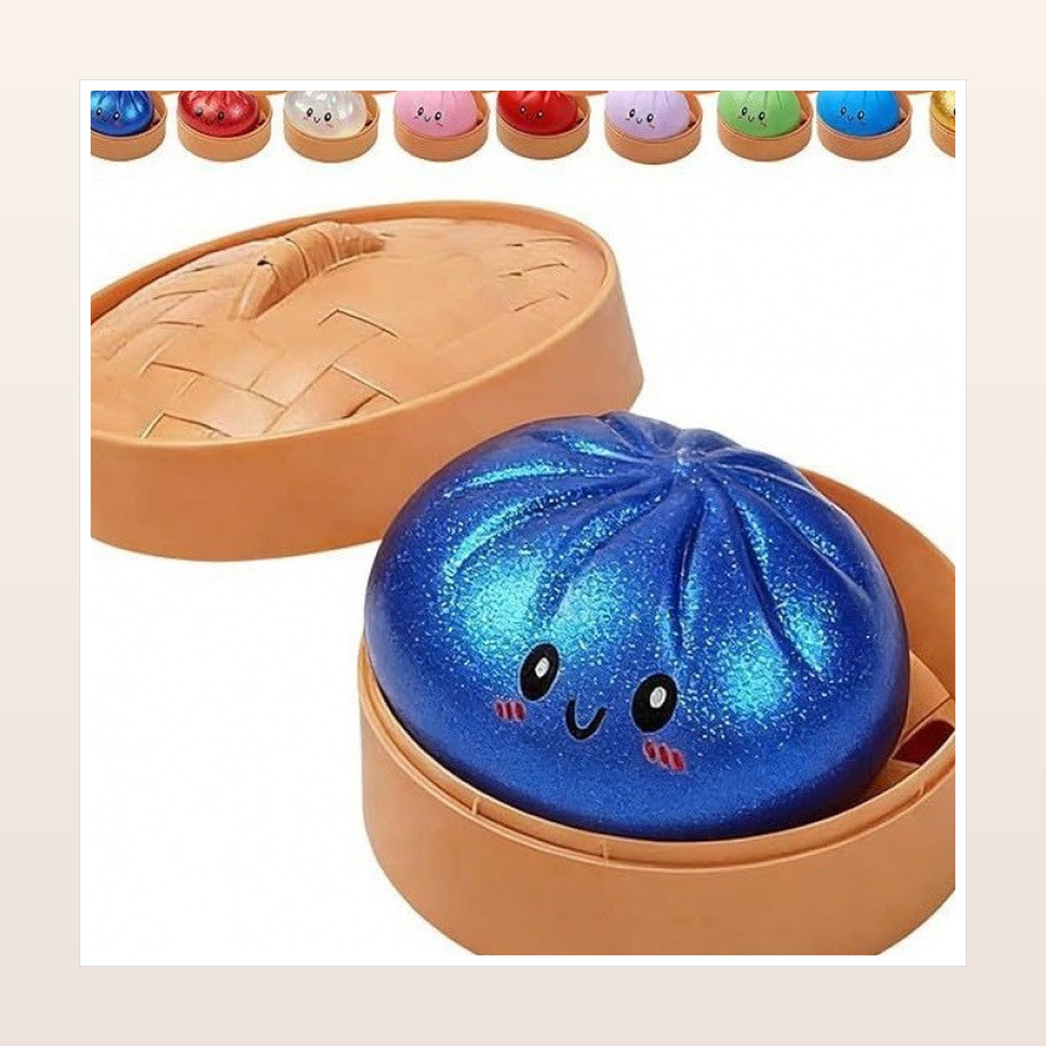 Dumpling Squishy Toy in Bamboo Basket, 8.5 cm — product application view three