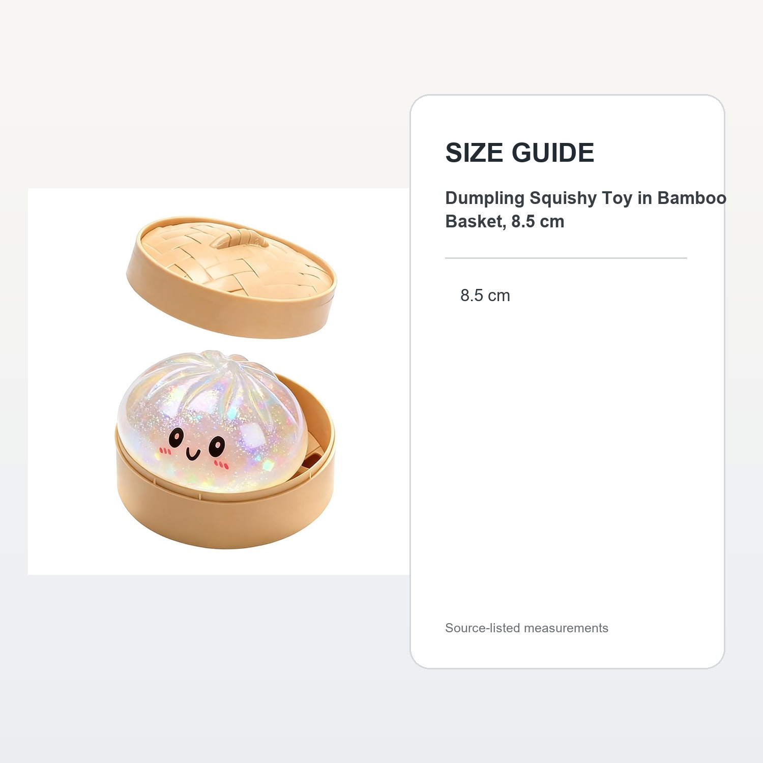 Dumpling Squishy Toy in Bamboo Basket, 8.5 cm — verified size guide