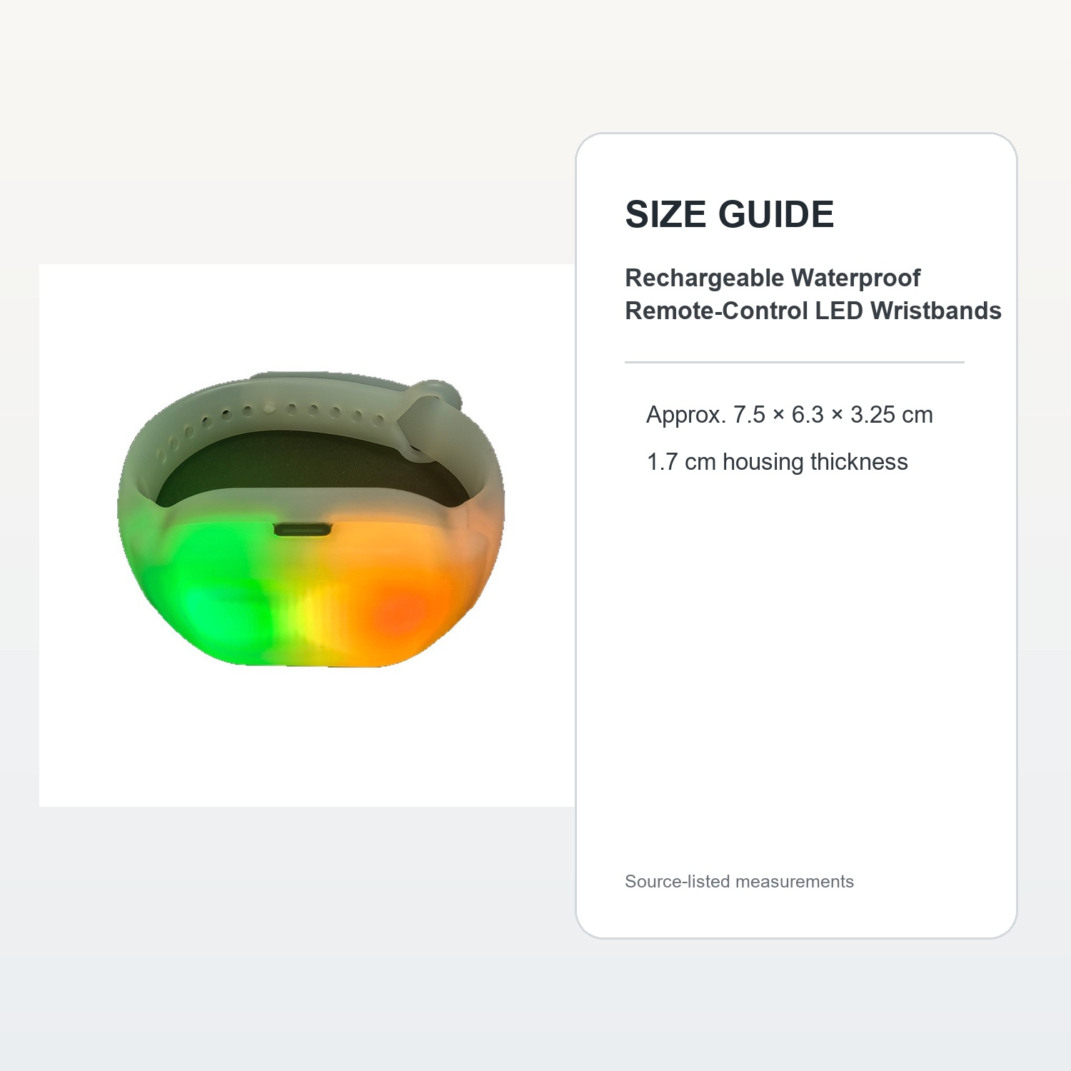 Rechargeable Waterproof Remote-Control LED Wristbands — verified size guide