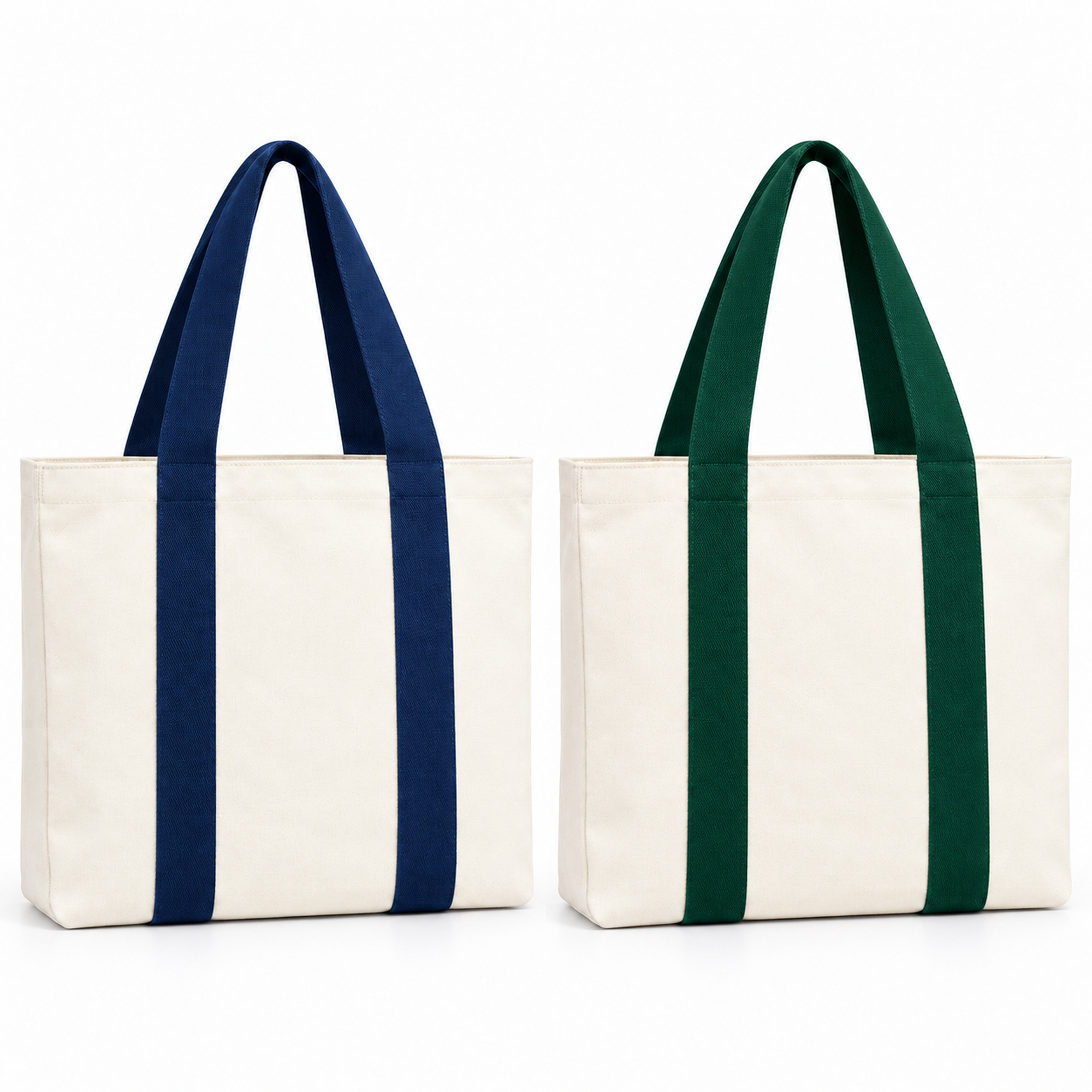 Two natural canvas tote bags with navy blue and dark green handles