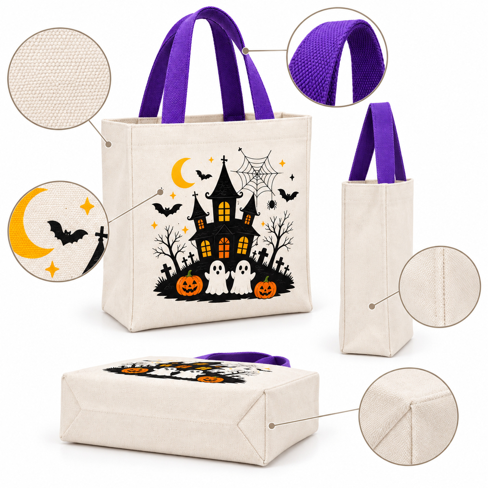 Custom Halloween Canvas Gift Tote structure and profile views