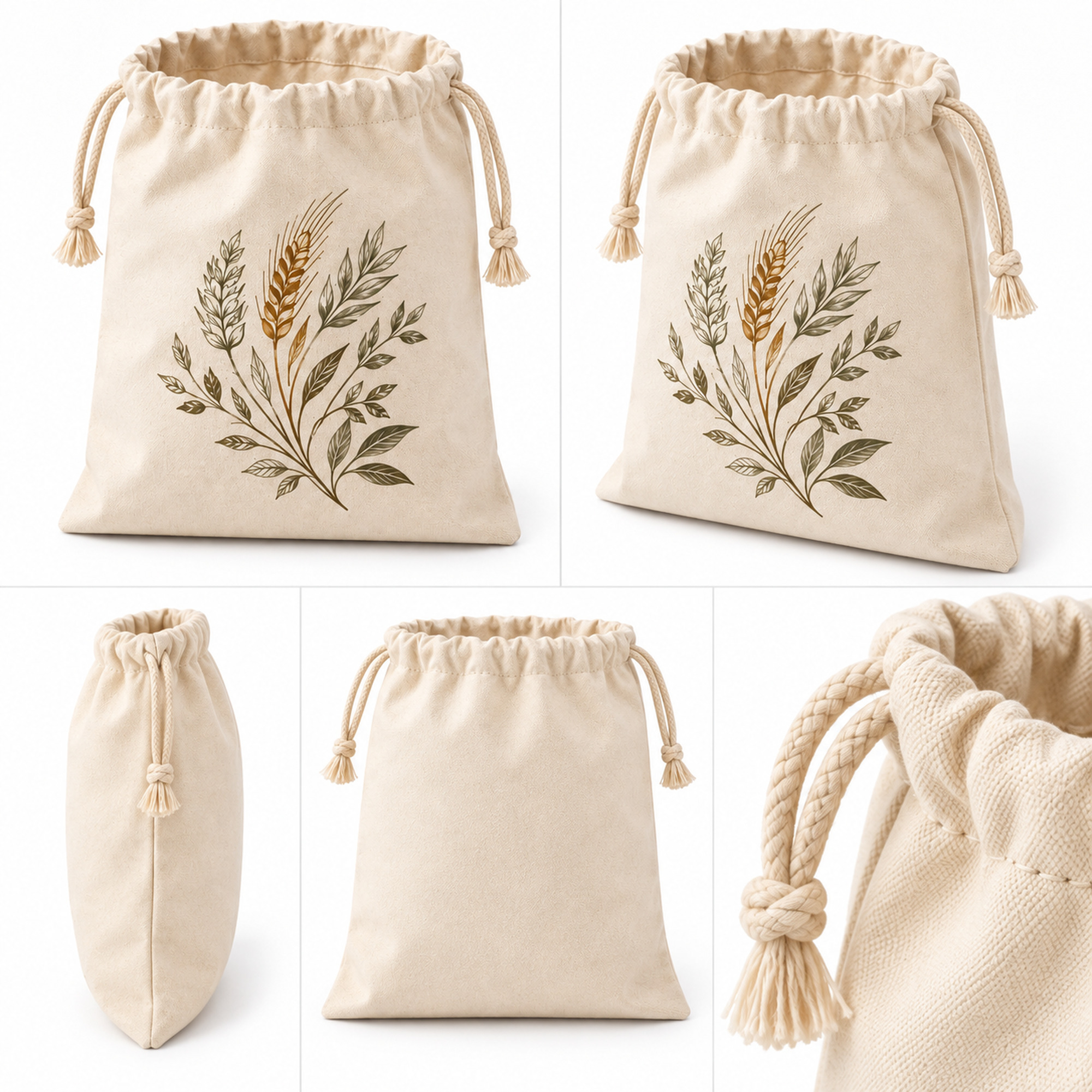 Reusable Drawstring Bread Storage Bag structure and profile views