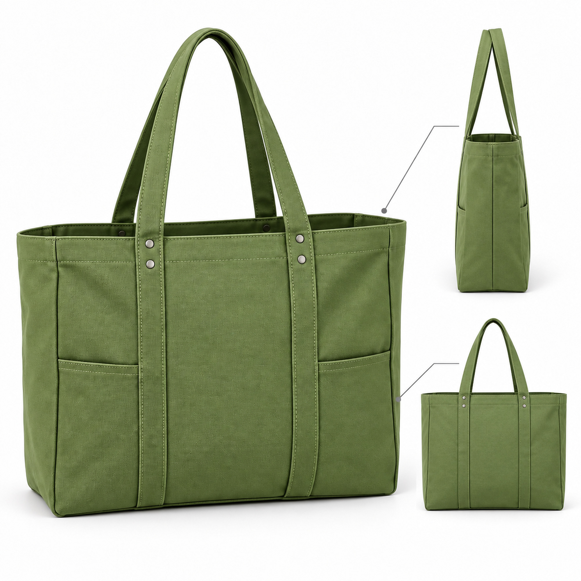 Large Multi-Pocket Canvas Shoulder Tote structure and profile views