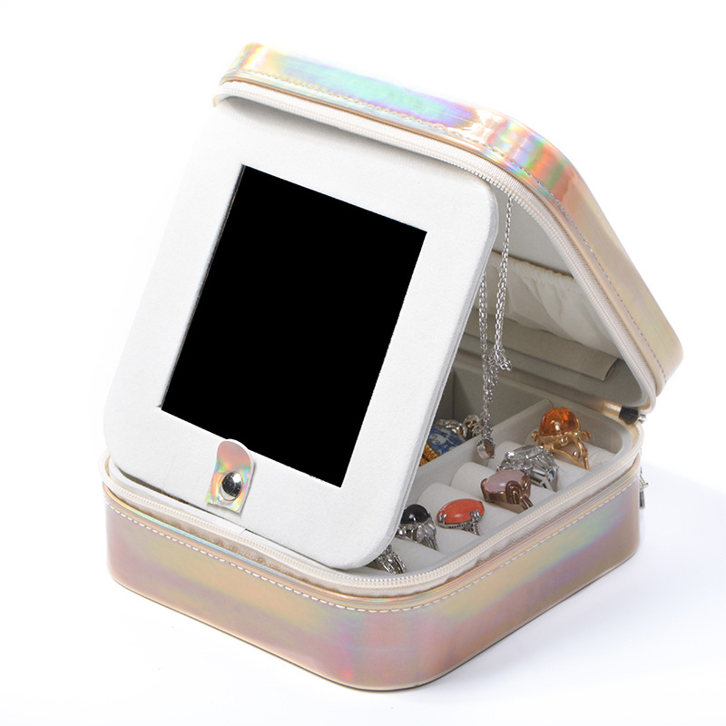 Double-Layer Mirrored Jewelry Box with Zip Closure front and overall view
