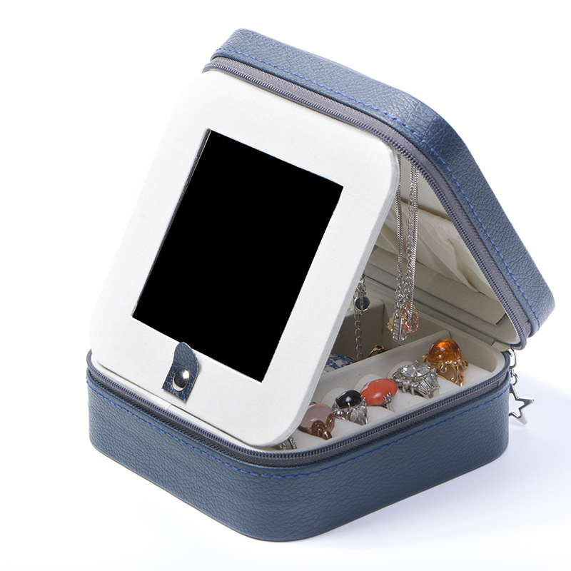 Double-Layer Mirrored Jewelry Box with Zip Closure open interior layout
