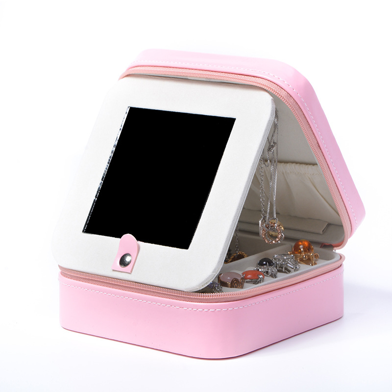 Double-Layer Mirrored Jewelry Box with Zip Closure jewelry compartment details
