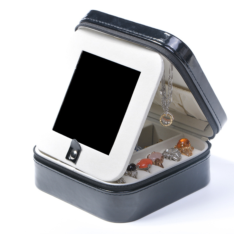 Double-Layer Mirrored Jewelry Box with Zip Closure storage configuration