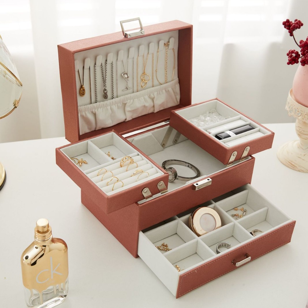 Three-Drawer Large Jewelry Storage Box open interior layout