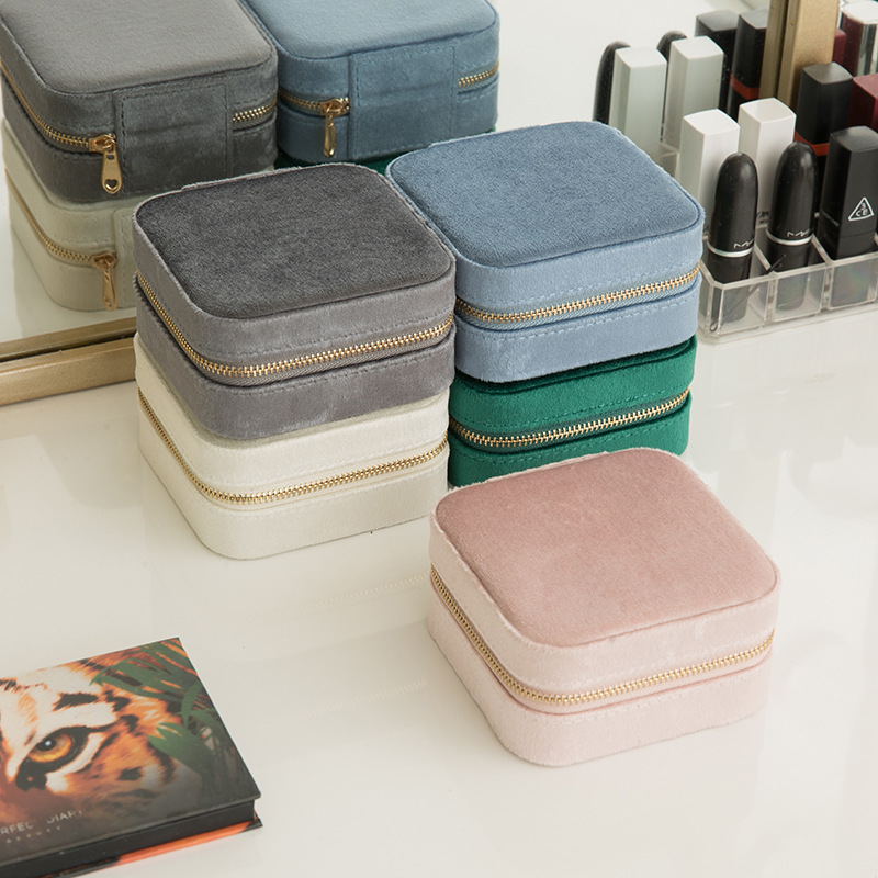 Velvet Square Travel Jewelry Case with Mirror front and overall view