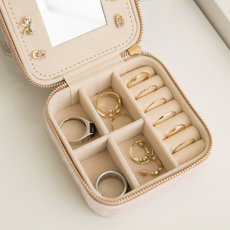 Velvet Square Travel Jewelry Case with Mirror storage configuration