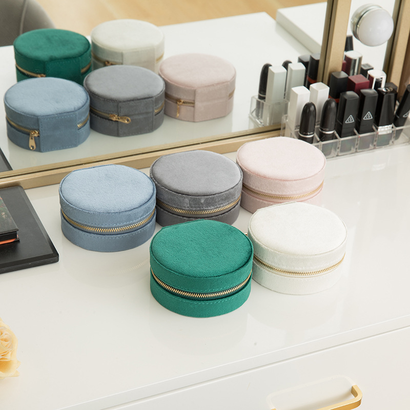 Round Velvet Travel Jewelry Case with Mirror front and overall view