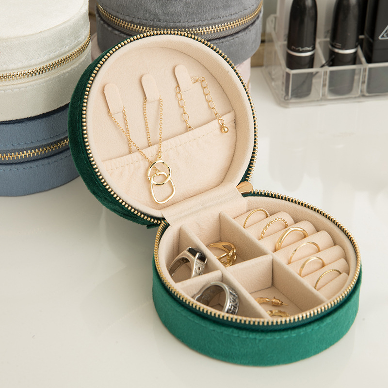 Round Velvet Travel Jewelry Case with Mirror storage configuration