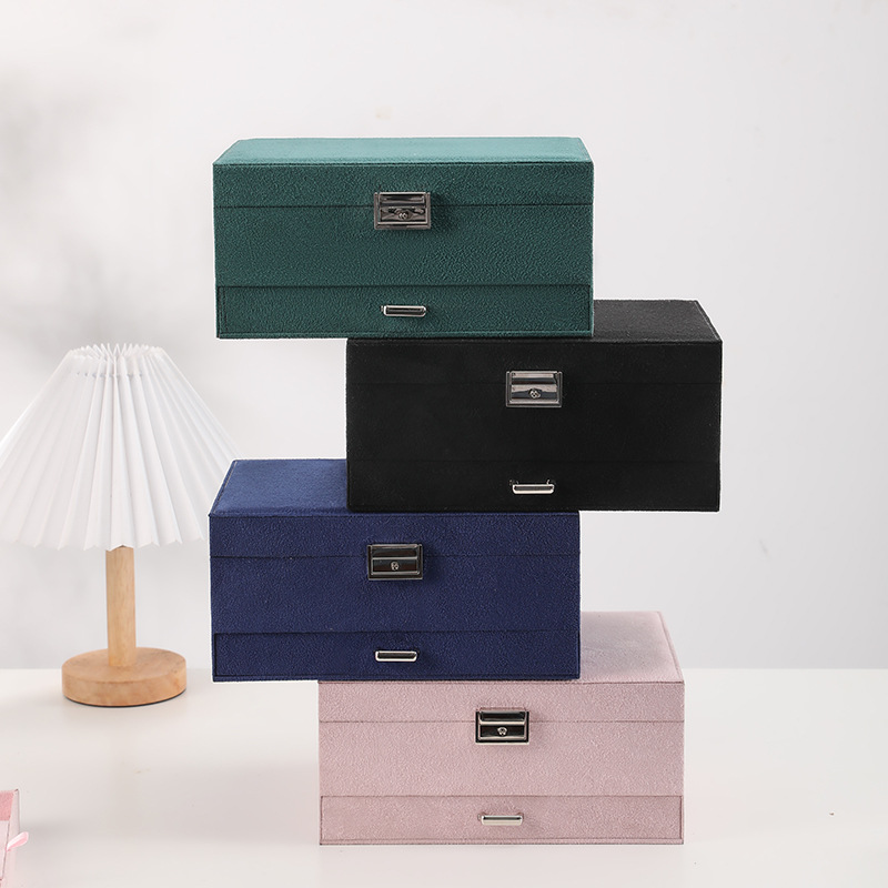 Three-Tier Velvet Jewelry Chest with Lock front and overall view