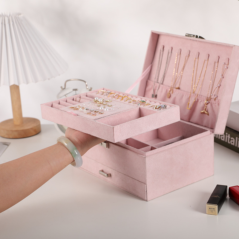 Three-Tier Velvet Jewelry Chest with Lock open interior layout