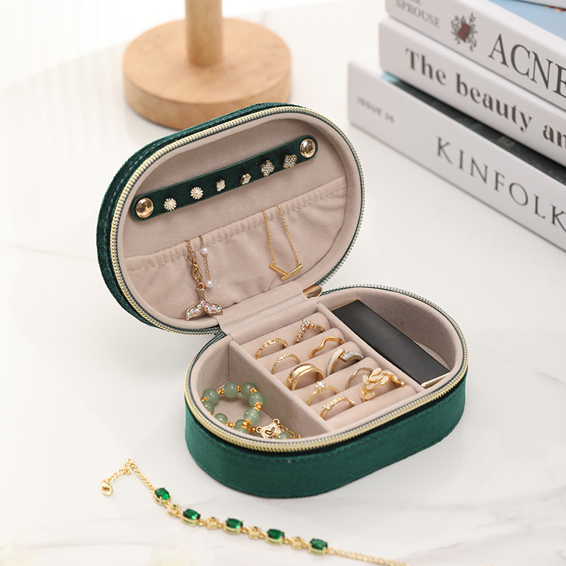 Oval Velvet Jewelry Case with Mirror front and overall view
