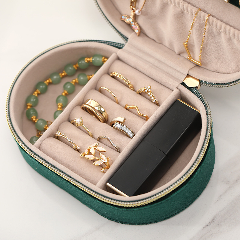 Oval Velvet Jewelry Case with Mirror open interior layout