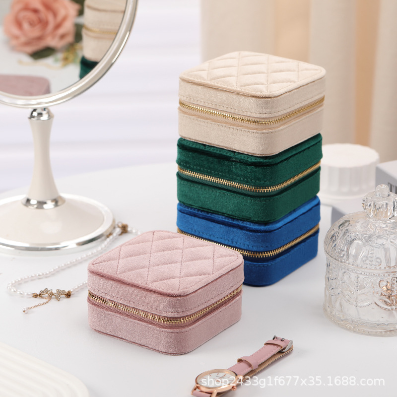 Quilted Square Velvet Travel Jewelry Case front and overall view