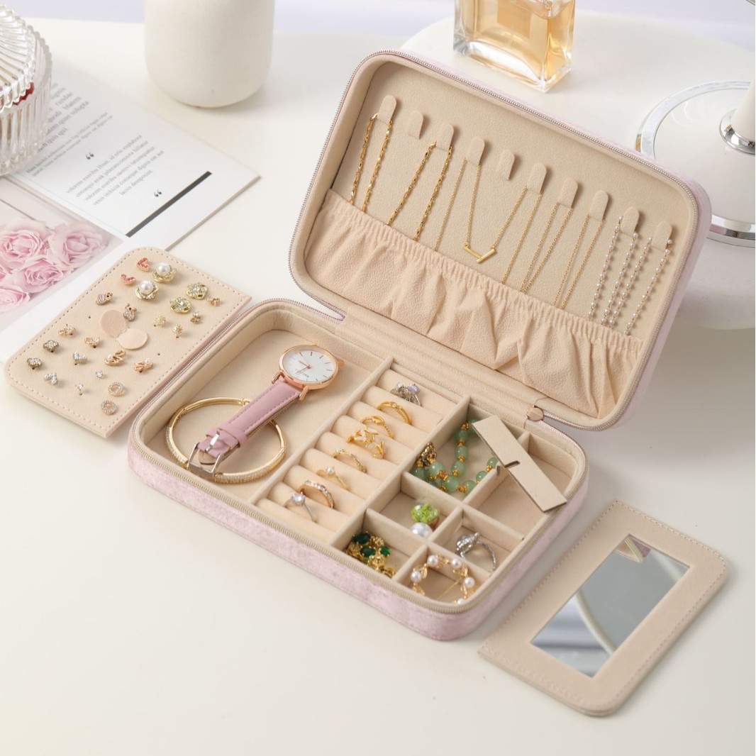 Flat Velvet Jewelry Organizer with Mirror open interior layout