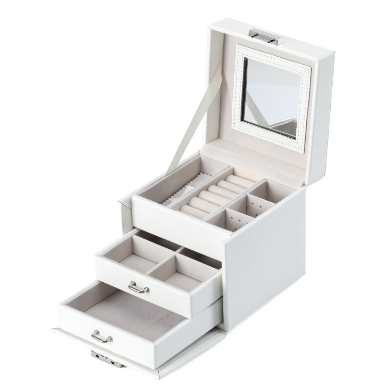Multi-Level Jewelry Box with Mirror and Handle jewelry compartment details