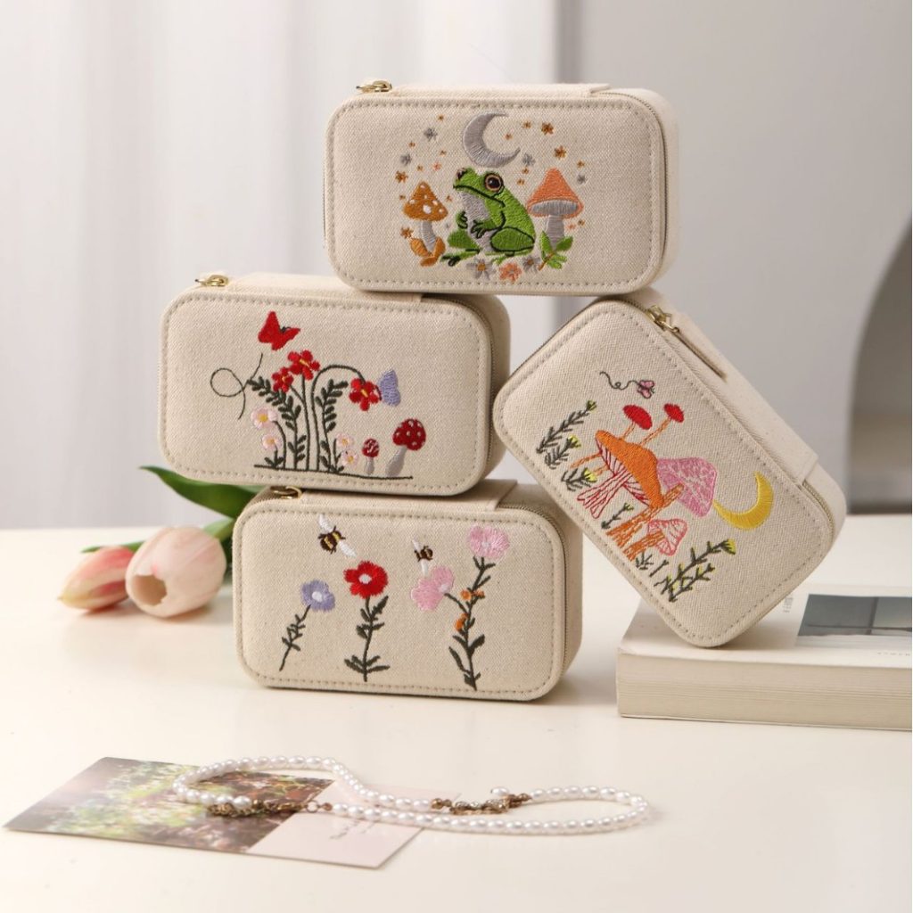 Embroidered Linen Jewelry Storage Case front and overall view