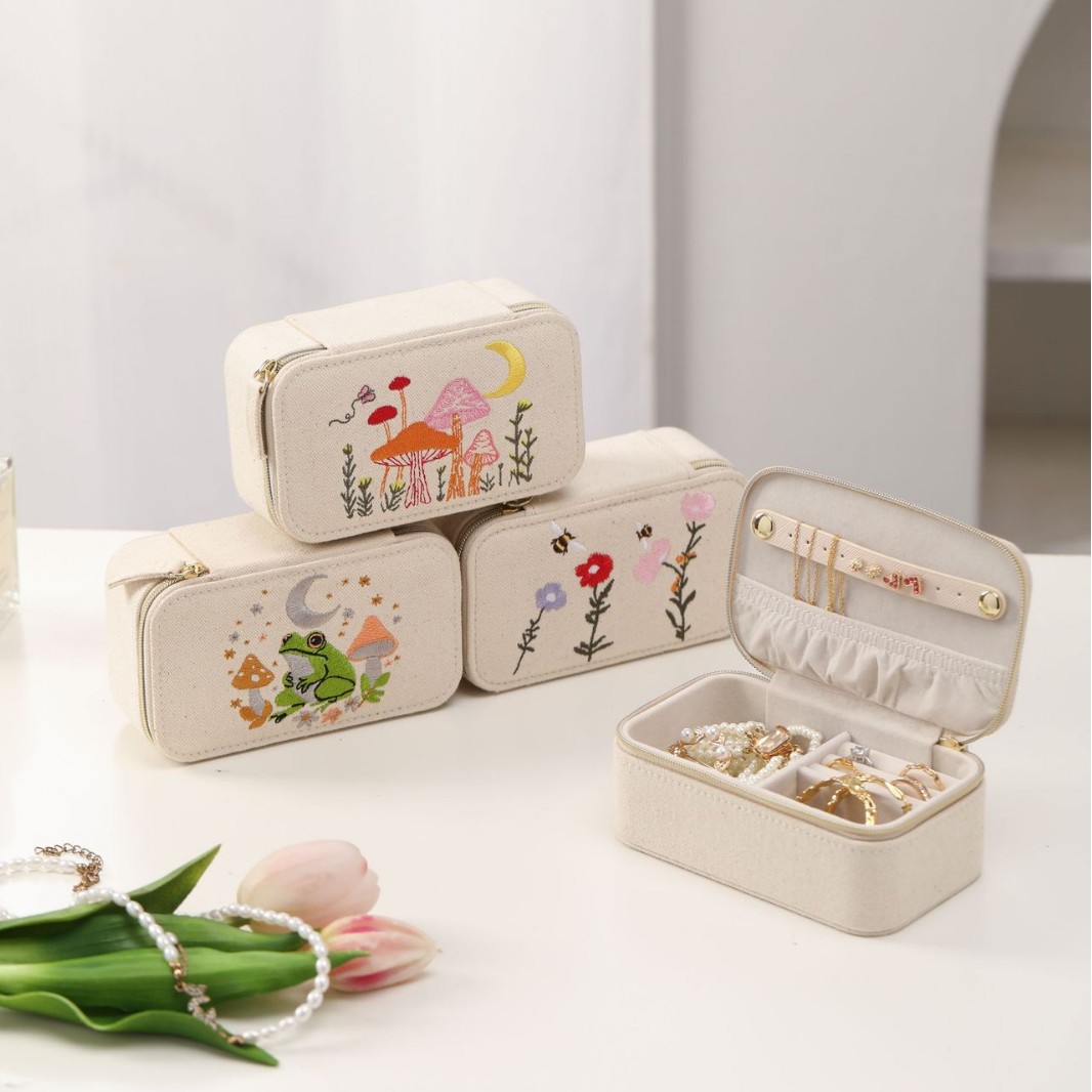 Embroidered Linen Jewelry Storage Case open interior layout