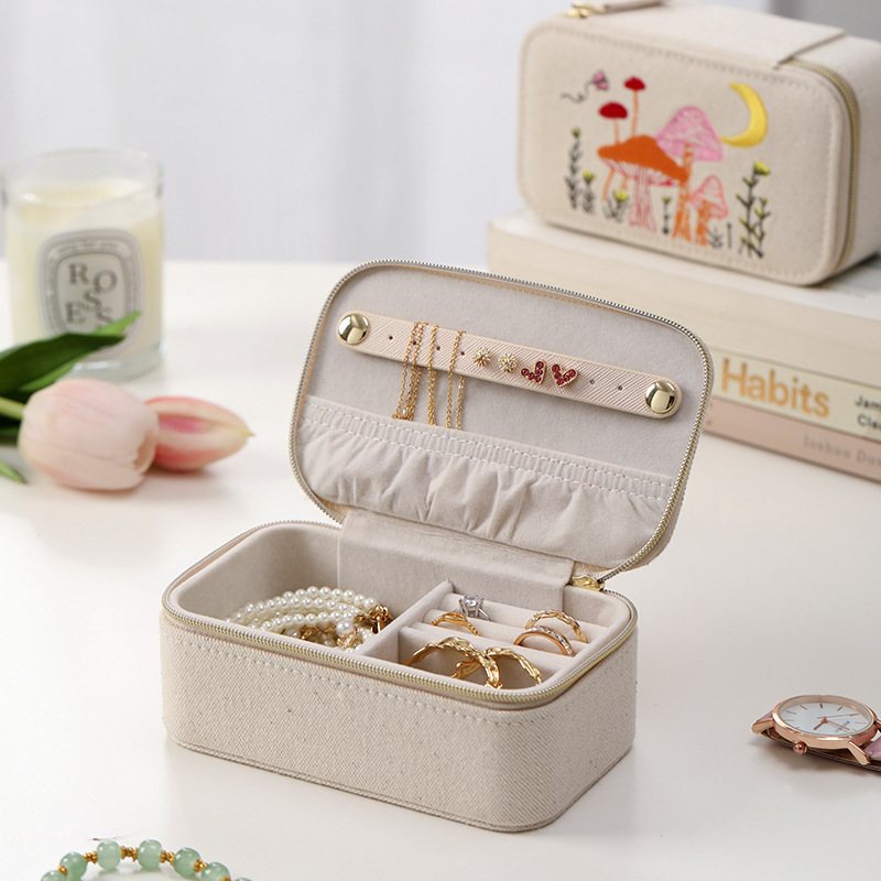 Embroidered Linen Jewelry Storage Case jewelry compartment details