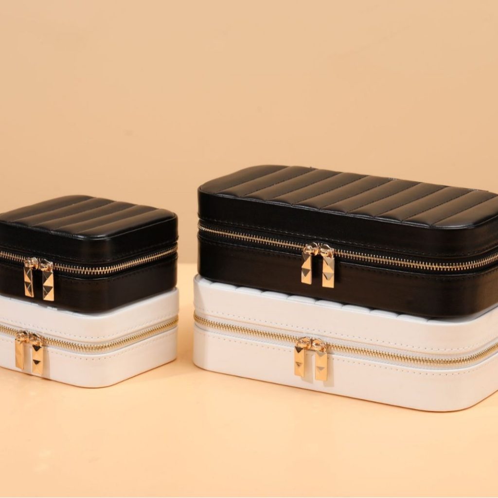 Striped Zippered Jewelry Organizer with Mirror front and overall view