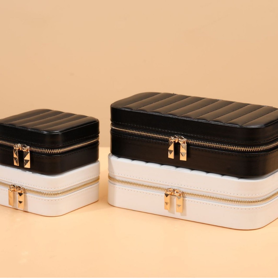 Striped Zippered Jewelry Organizer with Mirror front and overall view