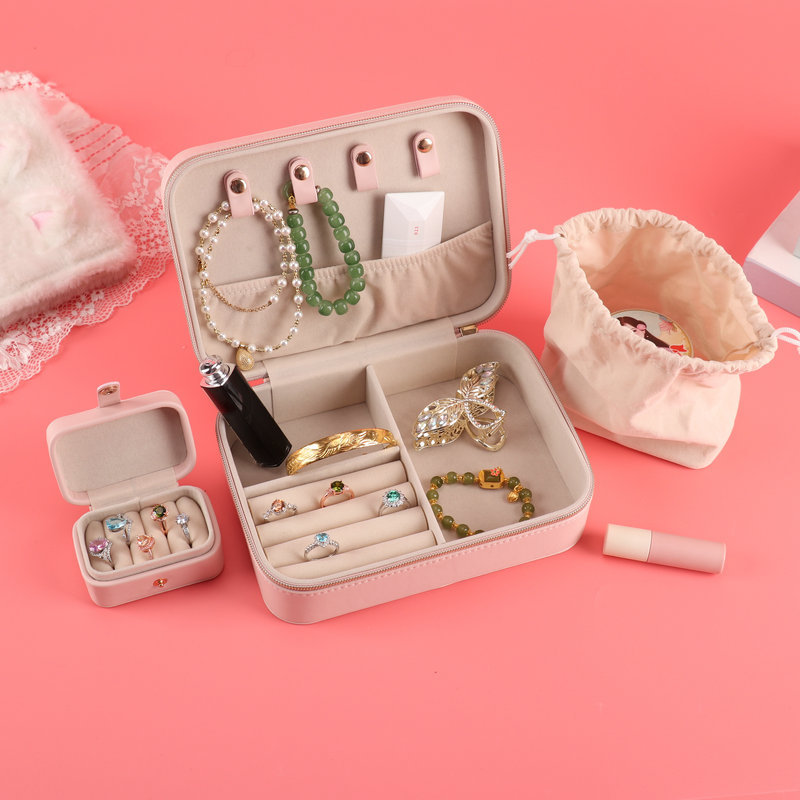 Rectangular Jewelry Case with Drawstring Pouch open interior layout