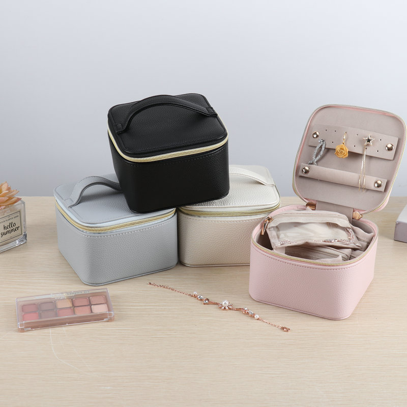 Square PU Travel Jewelry Case with Handle front and overall view