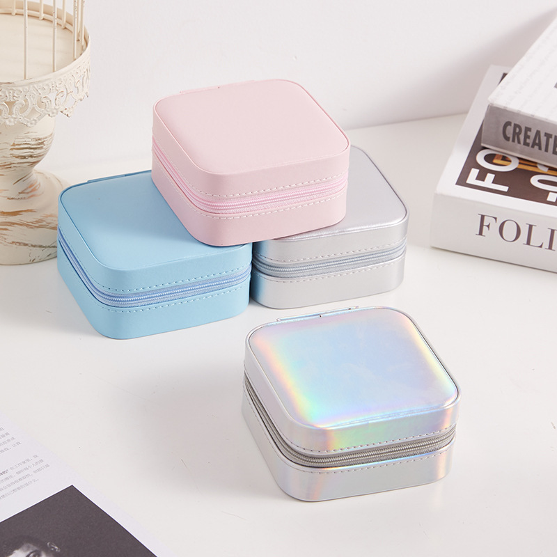 Iridescent Square Travel Jewelry Case with Mirror front and overall view