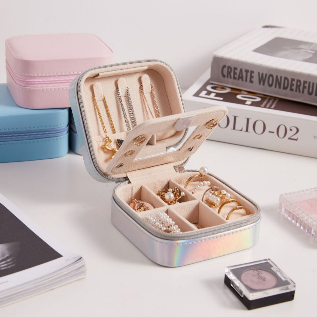 Iridescent Square Travel Jewelry Case with Mirror open interior layout