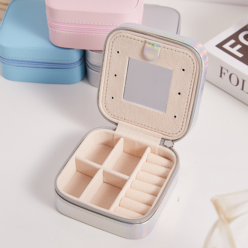 Iridescent Square Travel Jewelry Case with Mirror jewelry compartment details