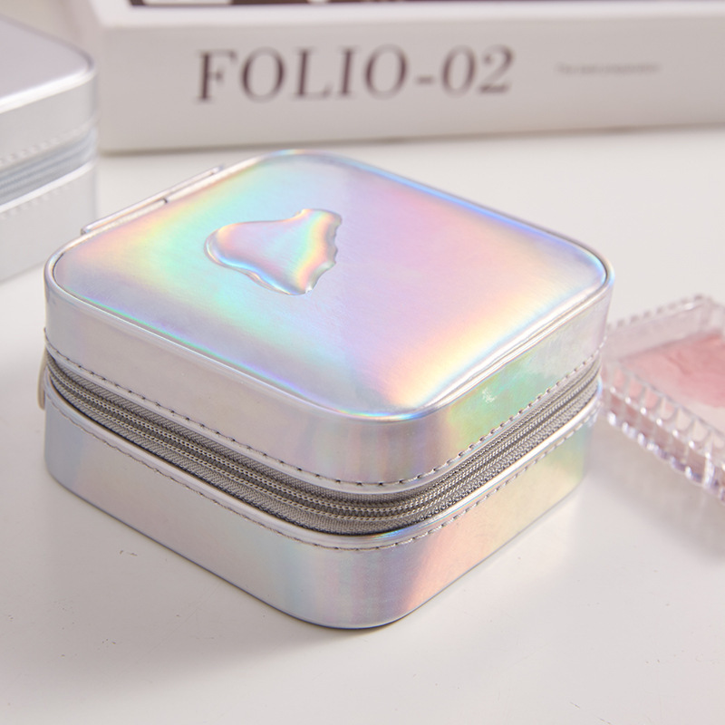 Iridescent Square Travel Jewelry Case with Mirror storage configuration